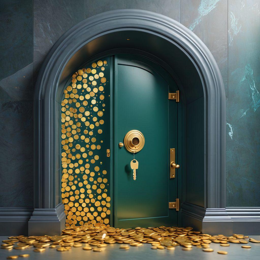 A secure vault door slightly ajar, with golden coins spilling out, symbolizing financial security. Overlay images of insurance policies and premium charts in the background, alongside calming colors like green and blue for stability. A transparent lock and key are prominently displayed to represent unlocking knowledge. super-realistic. vibrant colors. clean background.