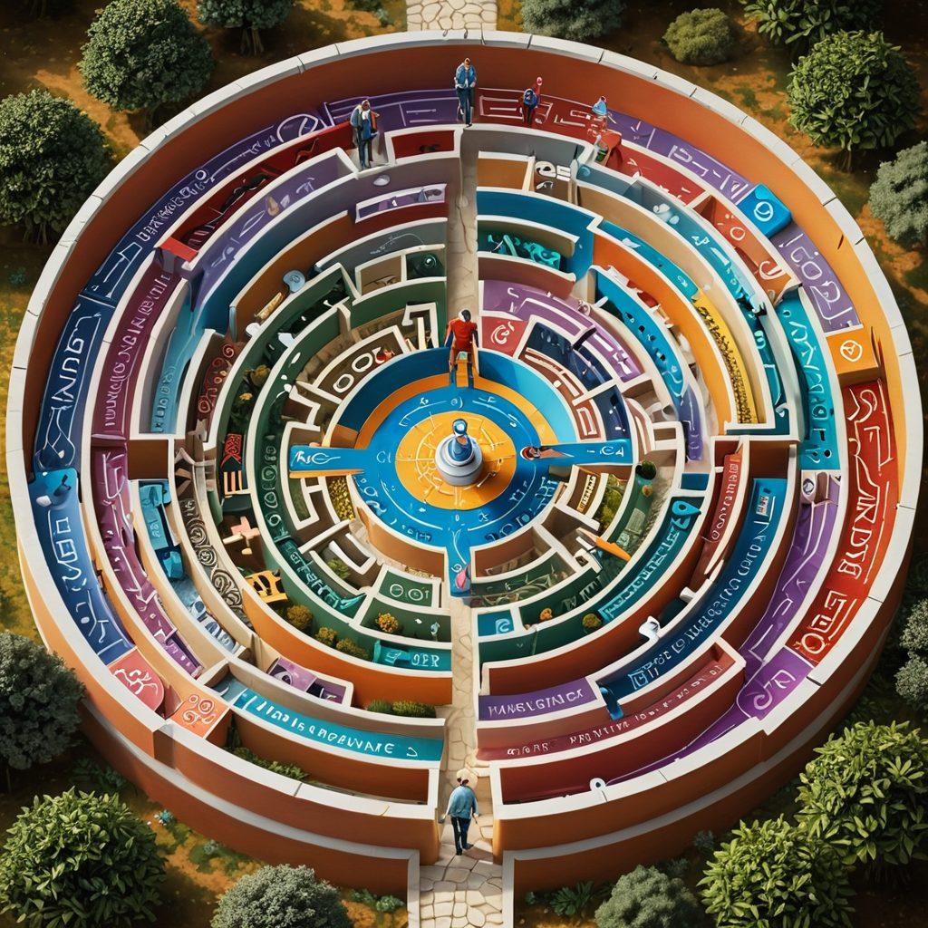 A complex labyrinth made of insurance documents, with paths leading to various types of coverage and claims. At the center, a friendly guide holding a compass symbolizing direction through the maze. Bright light illuminating the paths to signify clarity and understanding. The walls adorned with icons representing health, auto, home, and life insurance. digital art. vibrant colors. 3D effect.