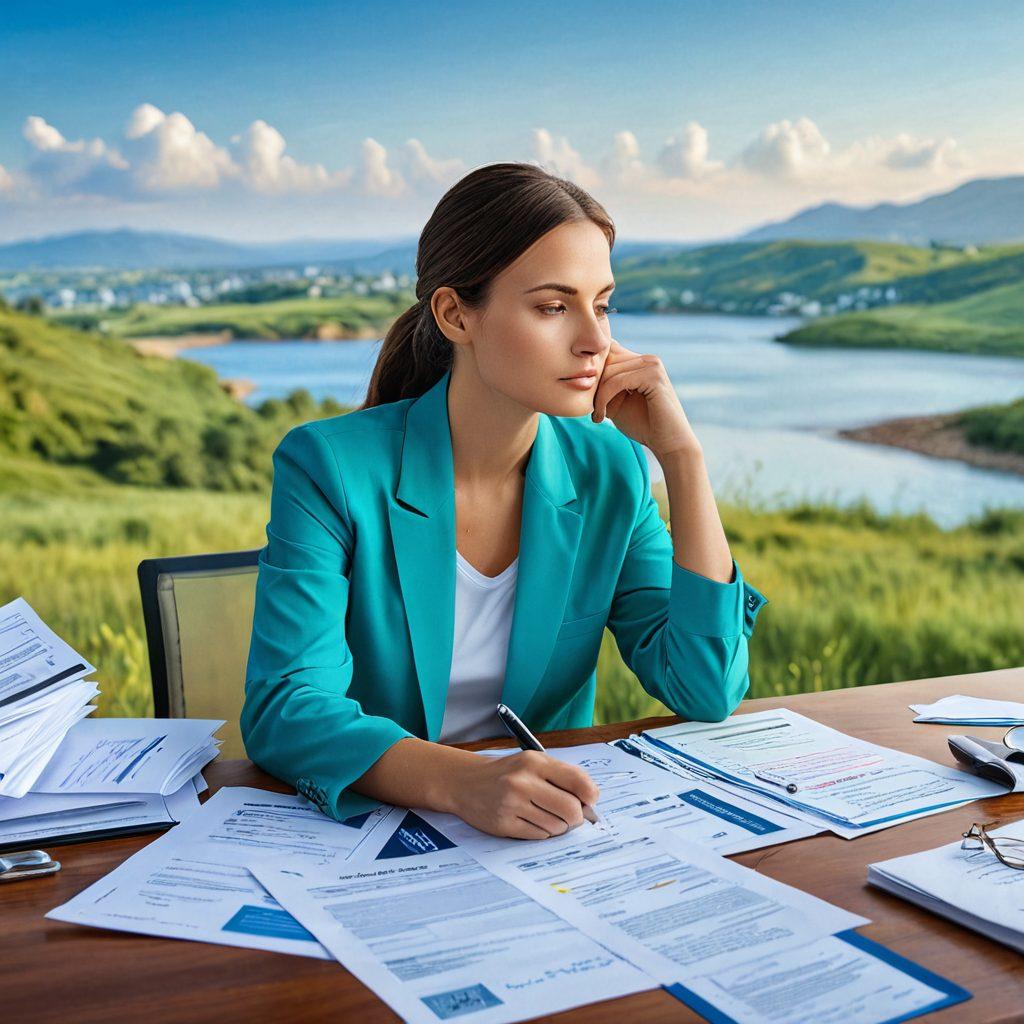 A thoughtful individual looking over various insurance documents and options, surrounded by visuals of diverse insurance icons like health, auto, and home. In the background, a serene landscape signifies security and protection. A color palette that conveys trust and reliability, with blues and greens dominating. super-realistic. vibrant colors.